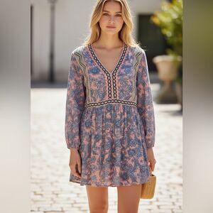 J. Jill Boho Floral Tunic Dress Pink Blue Embroidered V-Neck M Tall Cottagecore